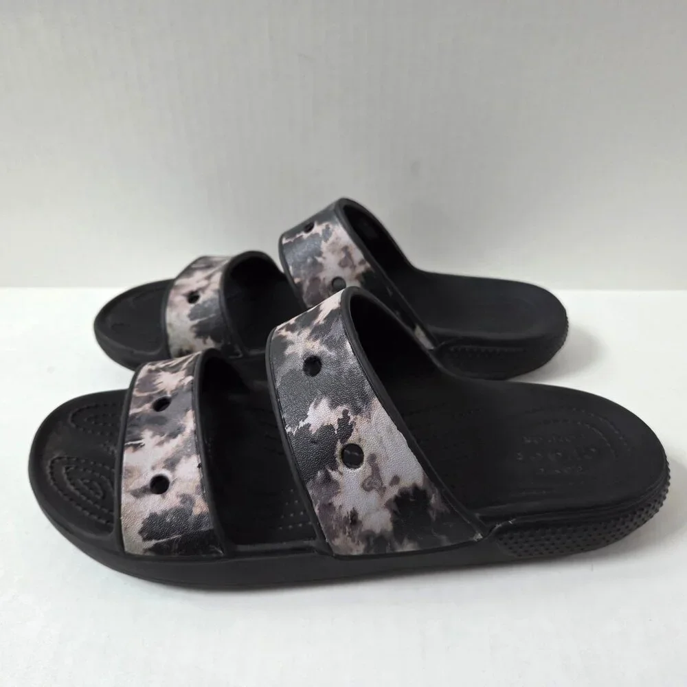 Crocs Shoes Mens 10 Black Tie Dye Double Strap Slides Comfort Beach